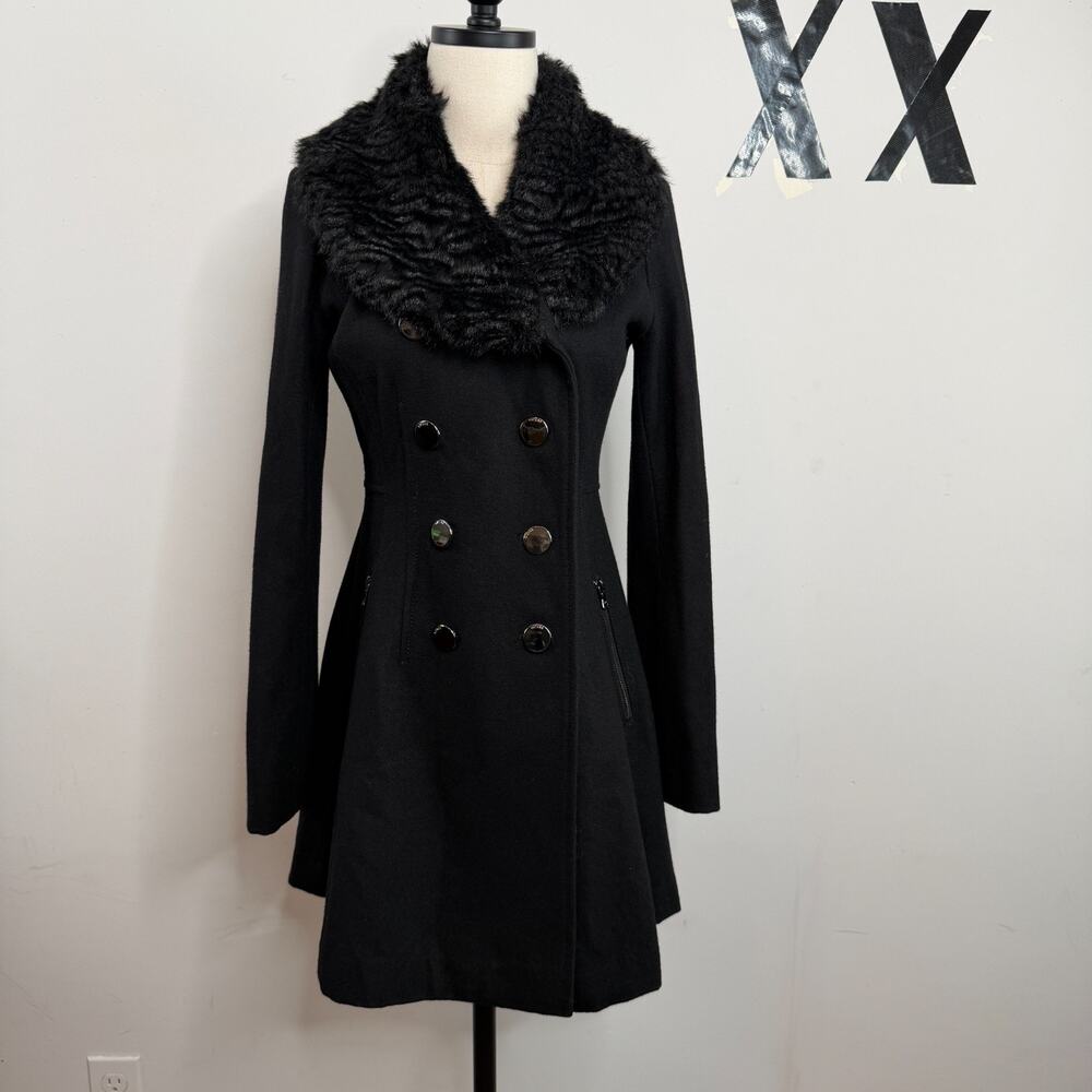 Guess Black Wool Blend Faux Fur Collar Double Breasted Penny Lane Coat Jacket XS